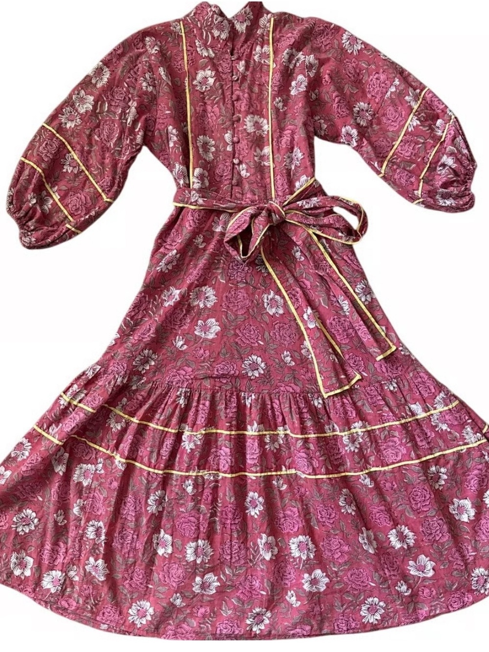 Sue Sartor Pink Floral Midi Dress with Tie Waist